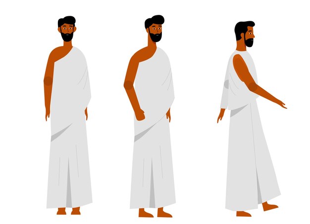 Vector man character wearing hajj ihram dress illustration in flat vector design ready for animation