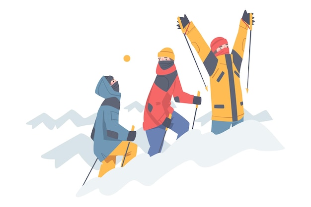 Vector man character with alpenstock wearing warm clothing ascending mountain vector illustration