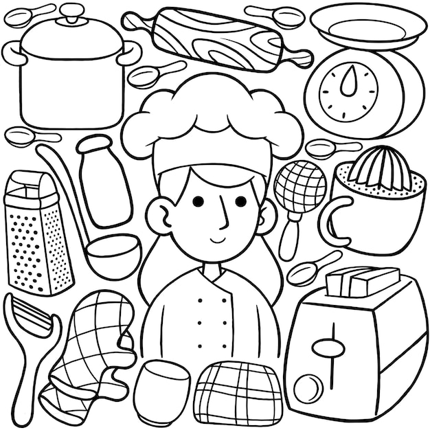 Man Chef Kawaii Doodle Line Art Vector Illustration