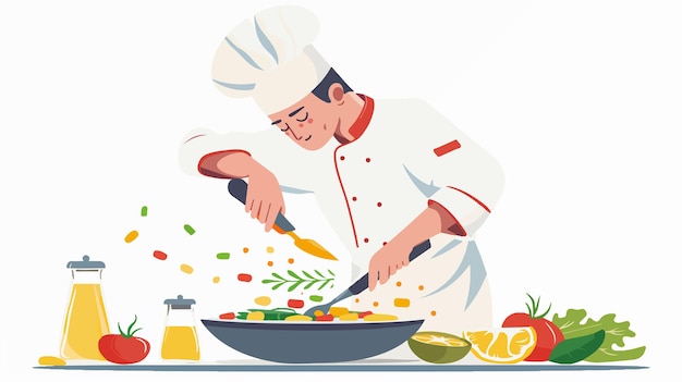 Vector a man in a chefs hat is cooking in a pan with food