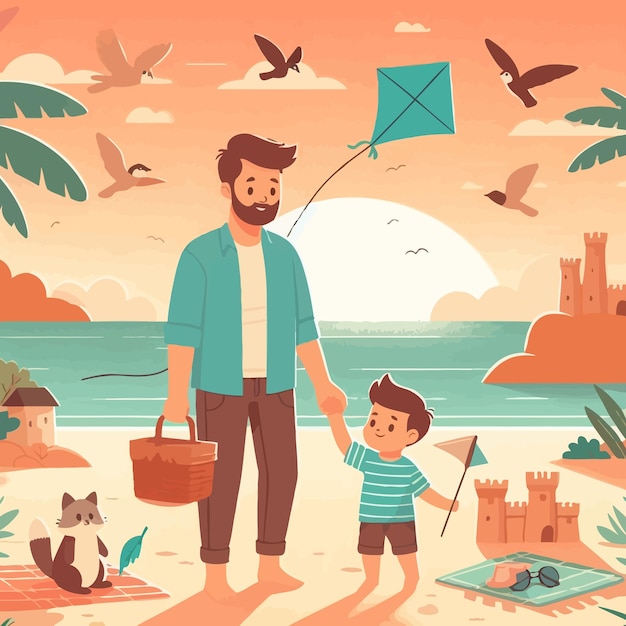 Vector a man and a child are on the beach with a kite and the words quot sea quot