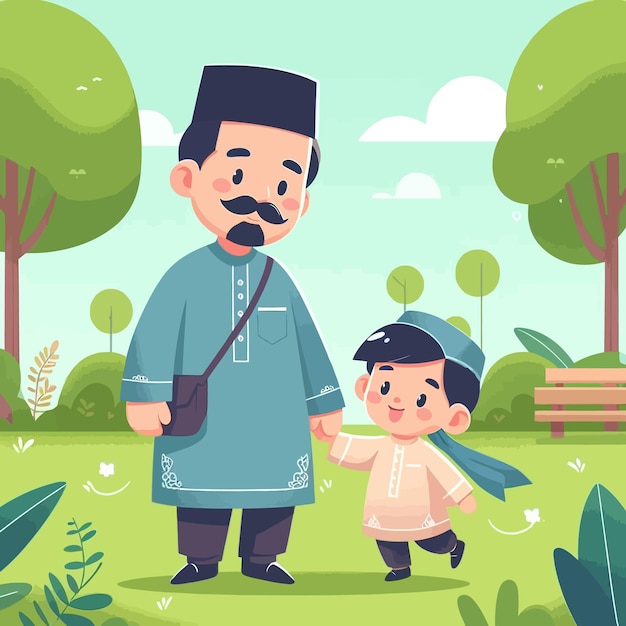 Vector a man and a child are standing in a park with trees and bushes