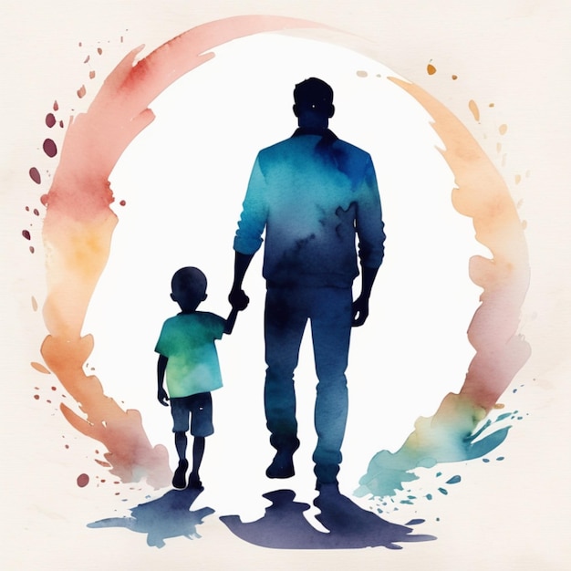 a man and a child holding hands in front of a circle