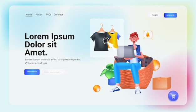 Man choosing clothes on laptop online shopping concept horizontal full length copy space