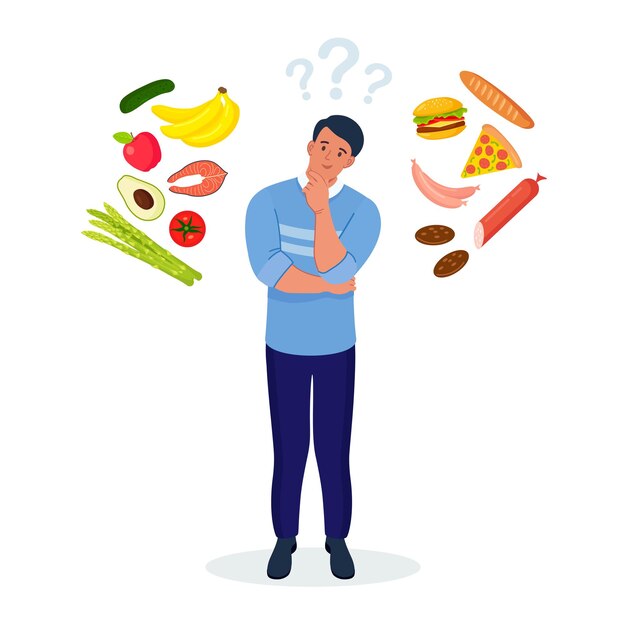 Vector man choosing between healthy and unhealthy food. fast food and balanced menu comparison, dieting. choice between good and bad nutritions