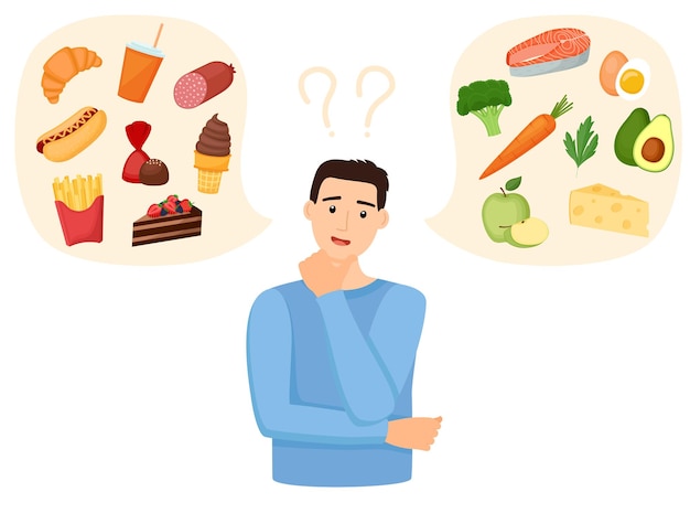 Man choosing between healthy and unhealthy food Fastfood vs balanced menu vector illustration