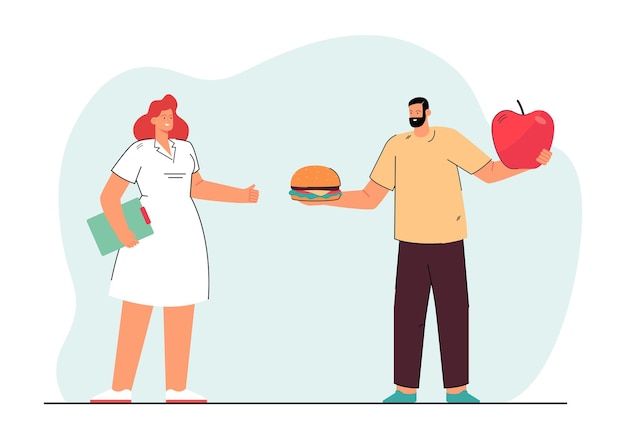 Man choosing between junk and healthy food. Flat illustration