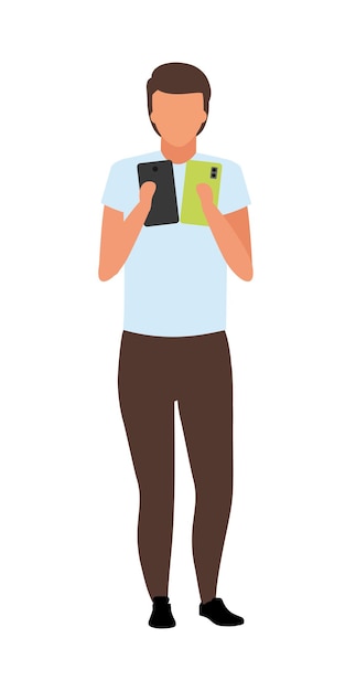 Man choosing new smartphone semi flat color vector character. Full body person on white. Visit to electronics store isolated modern cartoon style illustration for graphic design and animation