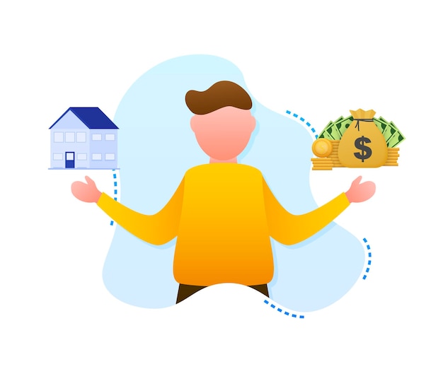 Vector man choosing between two options money and house vector stock illustration