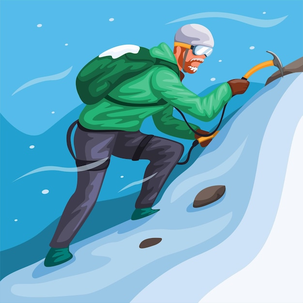 Man climbing ice mountain in snow storm extreme sport scene illustration vector