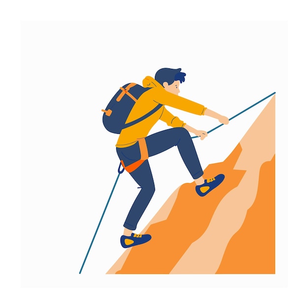 Vector man climbing steep mountain using ropes adventure sports theme focus determination male climber