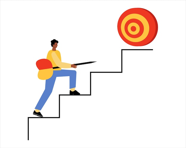 A man climbs the stairs A man with a dart in his hands goes to the target Career development concept