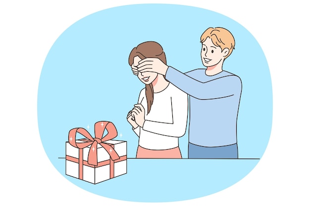 Man close woman eyes making surprise Male lover congratulate greet female present gift box on birthday or special occasion Vector illustration