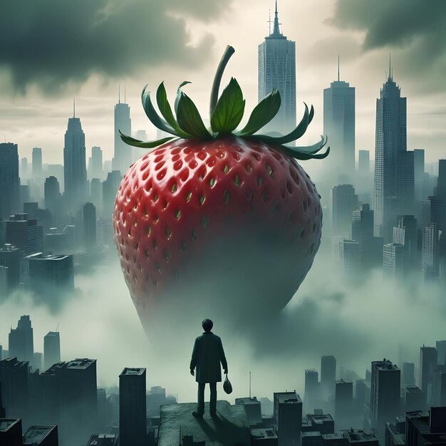 Vector a man in a coat standing on a rooftop with a giant strawberry in the foreground the city skyline is in the background and fog obscures much of the scene