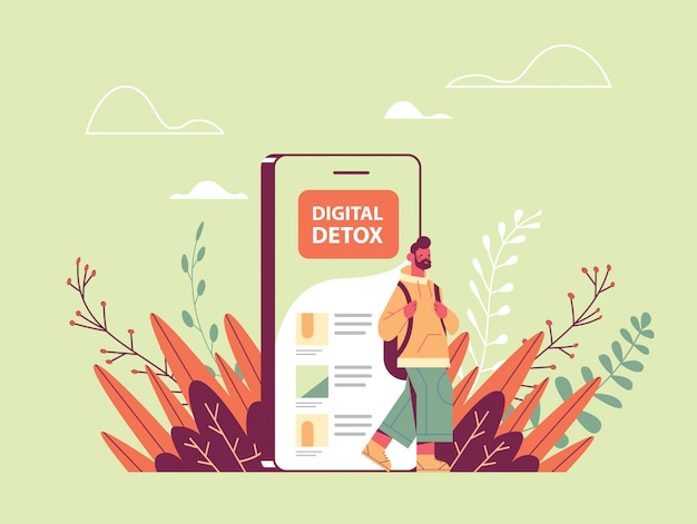 man coming out of cellphone digital detox concept guy escaping from digital addiction