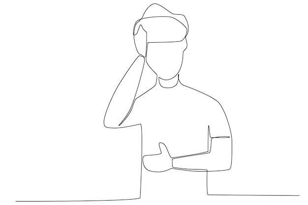 A man compressing his head with be ice bag one line art