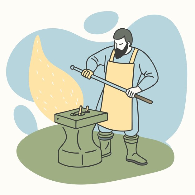 Vector a man cooking on a fire with a hammer and a blue sky behind him