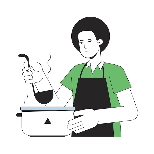 Man cooking flat line color vector character Editable outline half body young person holding ladle on white Everyday activity simple cartoon spot illustration for web graphic design