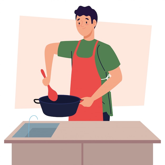 Man cooking using apron with pot in kitchen scene