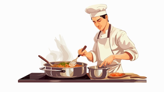 Vector a man cooking with a pot of food on the table