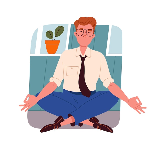 Vector man copes with stress guy sitting in lotus position calmness and inner peace awareness and