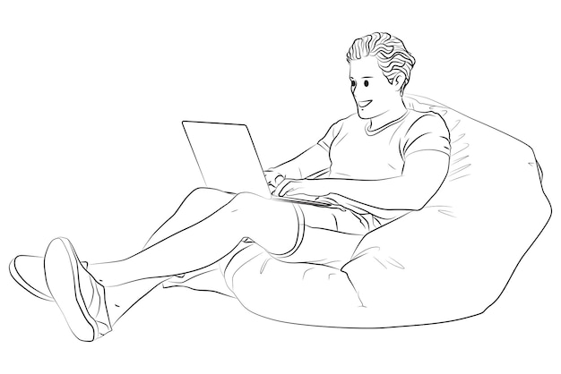 a man on couch holding laptop line art outline cartoon illustration