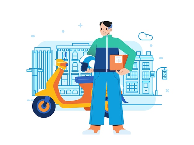 Man Courier delivery service shipping package ride scooter with through town flat vector illustration