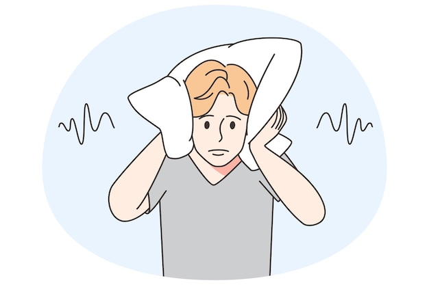 Man covering ears with pillow unable to stand noise Unhappy male avoid loud and noisy neighbors Vector illustration