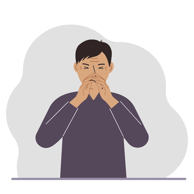 Vector the man covers his nose with his hands the concept of a sick person sneezes seasonal allergies bad smell vector flat illustration