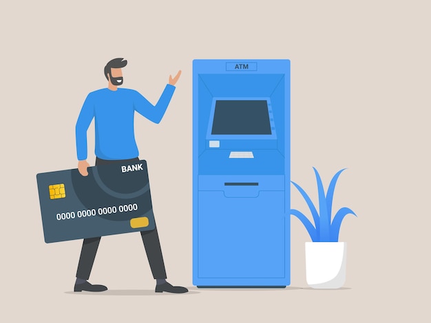 Vector man customer standing near atm machine and holding credit card