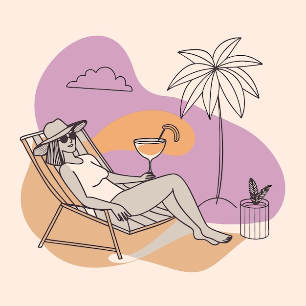 Vector a man in a deck chair with a bird and a palm tree