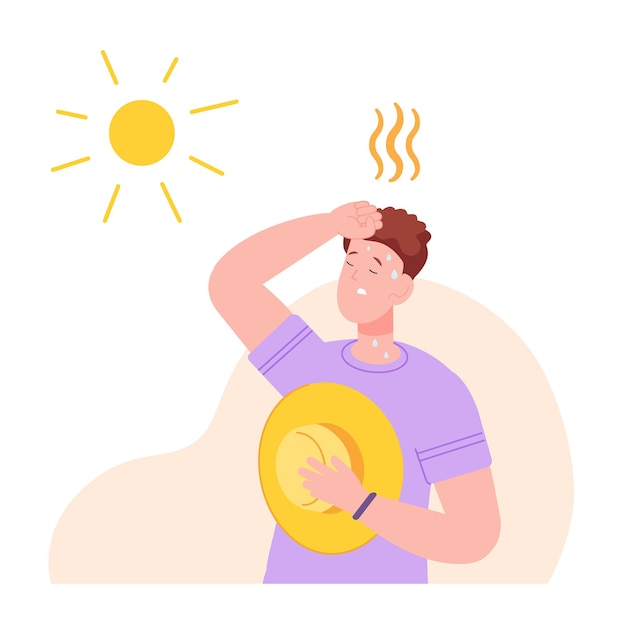 Vector man dehydration from heat exhausted cartoon person summer heated weather sweating people on hot burn sunny illness dizzy from sun sweaty guy in sunlight day vector illustration