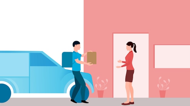 man delivering package to customer with delivery van delivery business vector illustration