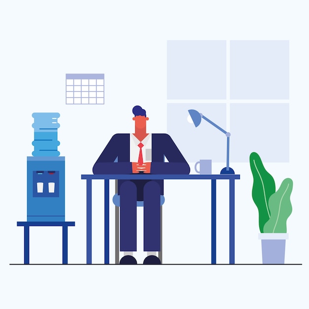 Man at desk with in the office design, business objects workforce and corporate theme