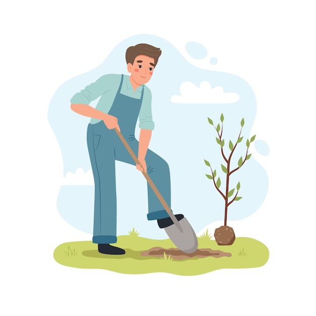 Man digging up ground with shovel to plant a tree Male working in garden