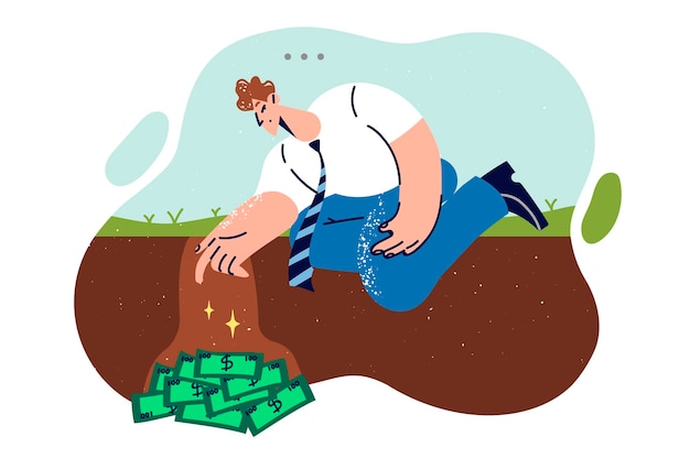 Vector man digs money out of ground after finding valuable cache of cash during random walk