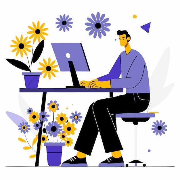 Vector man diligently working at a floraladorned table flat vector illustration