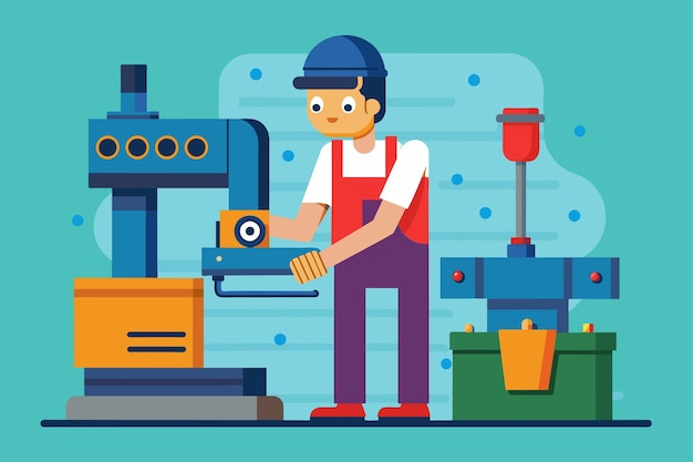 Vector a man diligently working on a machine in an industrial factory setting factory worker repairing machine simple and minimalist flat vector illustration