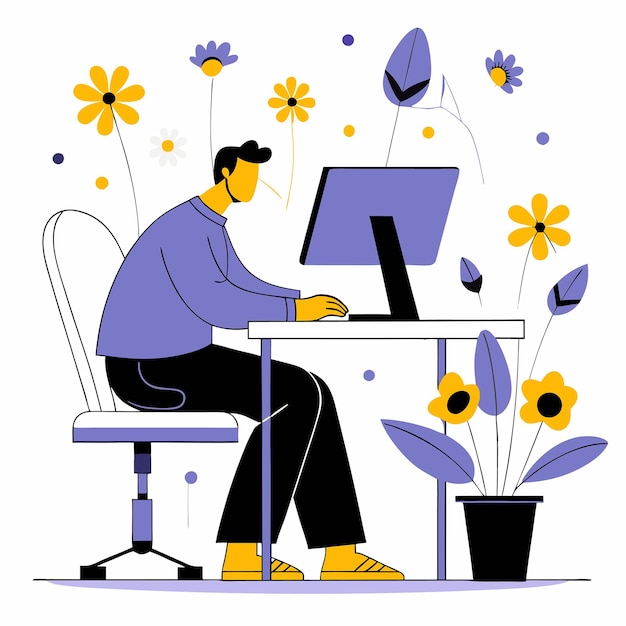 Vector a man diligently works amidst a flowery oasis in his creative office flat vector illustration