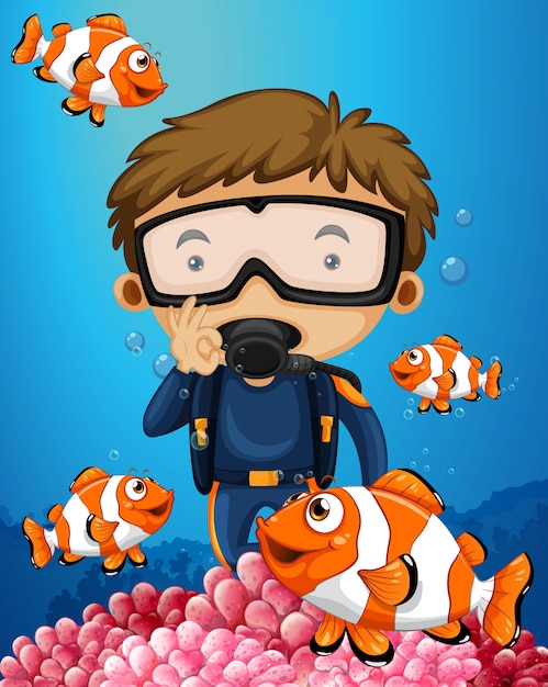 Man diving underwater with many clownfish