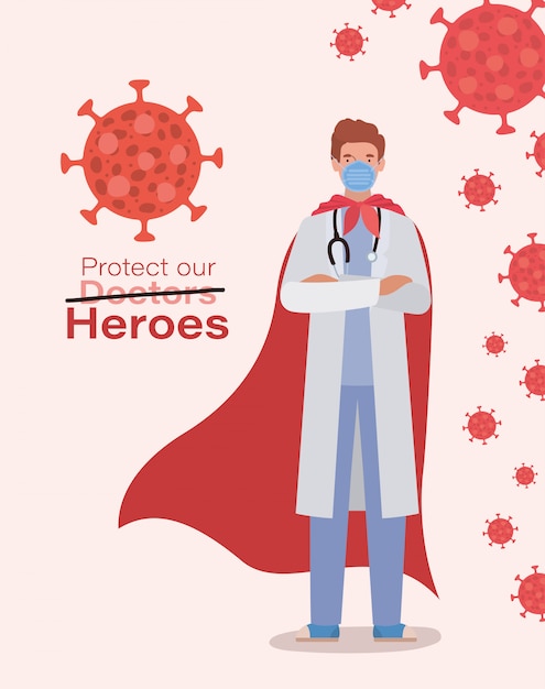 man doctor hero with cape against 2019 ncov virus design of Covid 19 cov infection corona epidemic disease symptoms and medical theme illustration