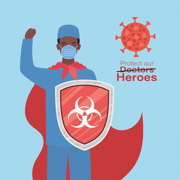 Man doctor hero with cape and shield against 2019 ncov virus vector design