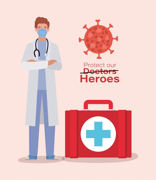 Man doctor hero with medical kit against 2019 ncov virus vector design