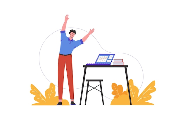 Man does warm-up at workplace in office. Employee doing exercises while working, people scene isolated. Healthy lifestyle and physical activity concept. Vector illustration in flat minimal design