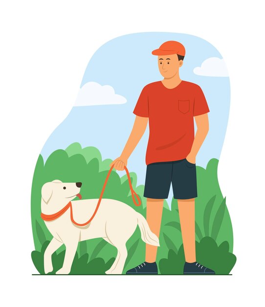 Vector man and dog strolling in public park