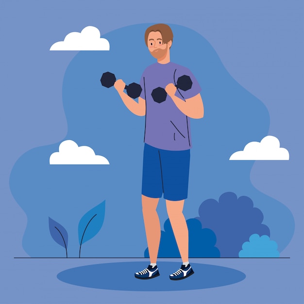 Man doing exercises with dumbbells outdoor, sport recreation exercise