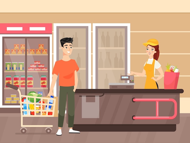 Man doing grocery shopping   illustration Female cashier working at supermarket