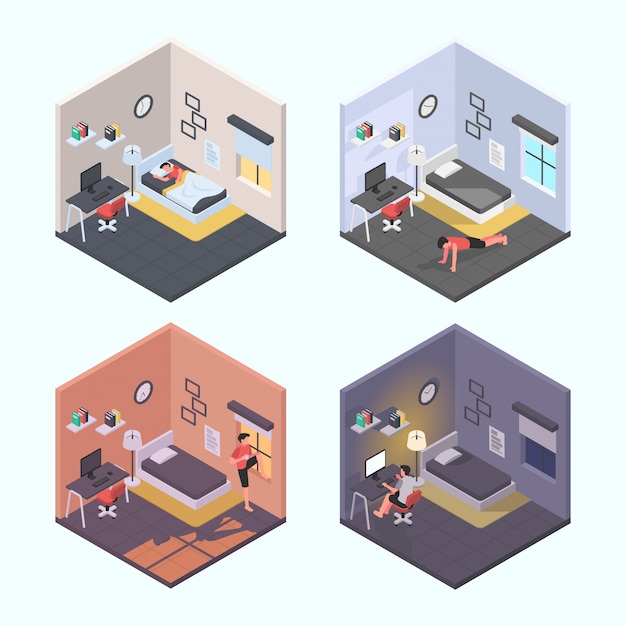 Man Doing His Daily Activity During Quarantine in Isometric Design