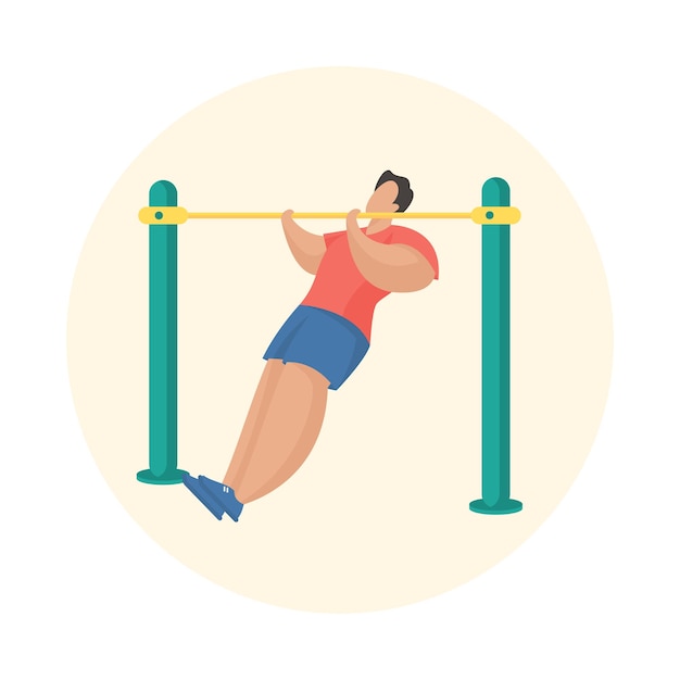 Vector man doing pull-ups workout. outdoor fitness equipment. male cartoon character pulling himself on horizontal bar. sports training. flat vector illustration