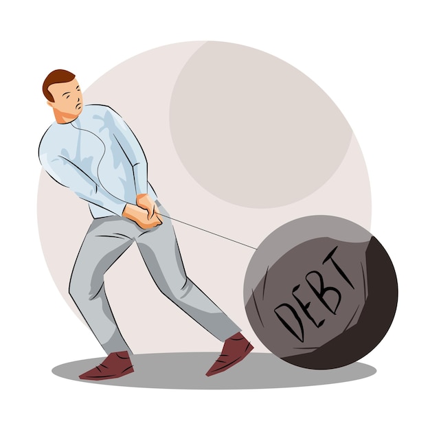 man dragging big round stone illustration of debt heavy and poverty life financial crisis recession